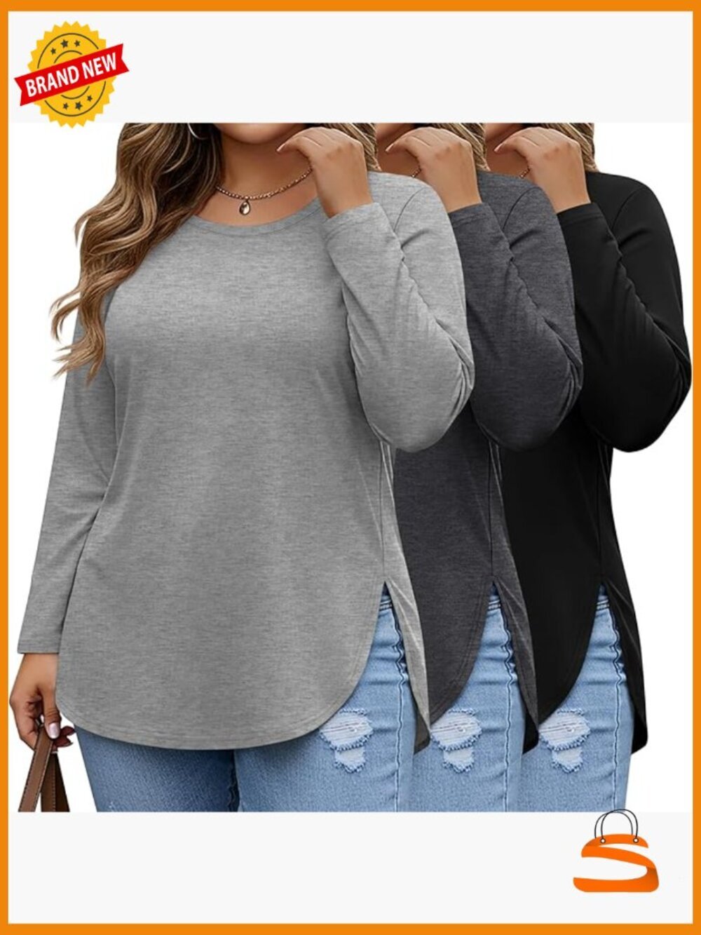 Plus Size 3 Pack Long Sleeve Tunic Tops Crewneck Loose Shirts Curved Hem Side